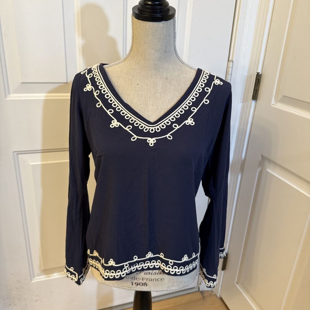 BELL SLEEVES Joviane Rayon Size M Rope Detail V Neck Blue Blouse